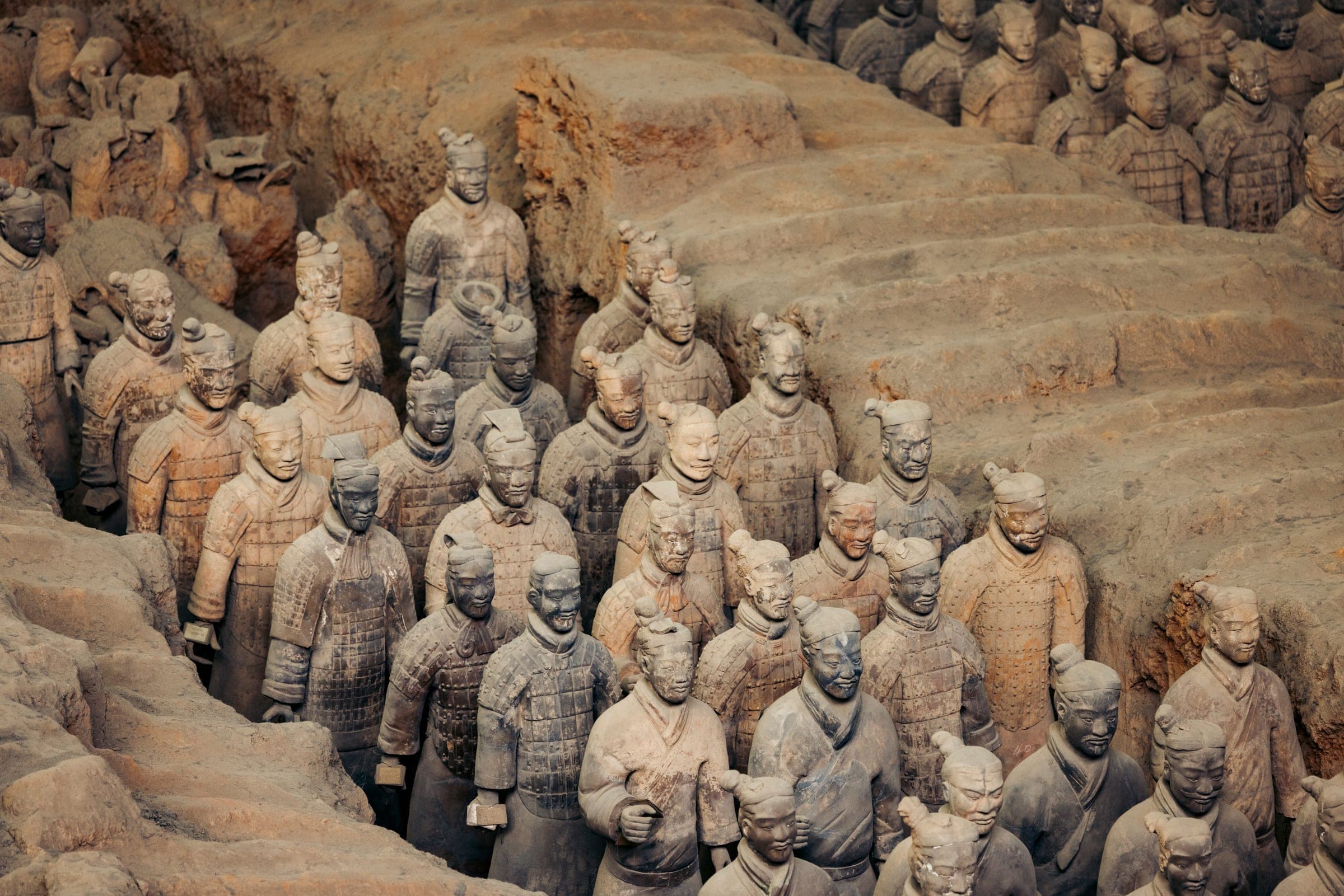 Close-up ranks of terracotta warriors in Pit One, Emperor Qin Shi Huang's mausoleum, Xi'an
